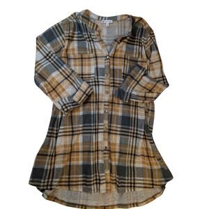 Kate Park Women's XXL Plaid Flannel Longline Fall Button Down 3/4 Sleeve Soft